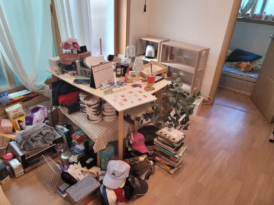 탁자와 선반에 생활 물품과 화분이 놓인 방